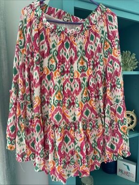 One World Women's Tiered Midi Skirt in Pink, Green & Orange - Elastic Waist PL